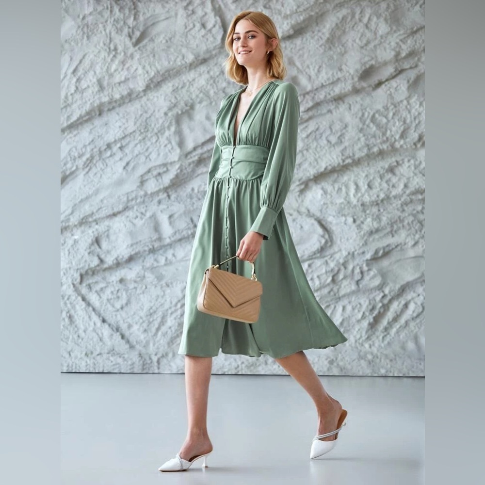 NWOT- Sage Green Balloon Sleeve midi-dress size L